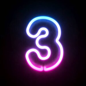 Neon 3d font, blue and pink neon light 3d rendering, number 3 isolated illustration on black background